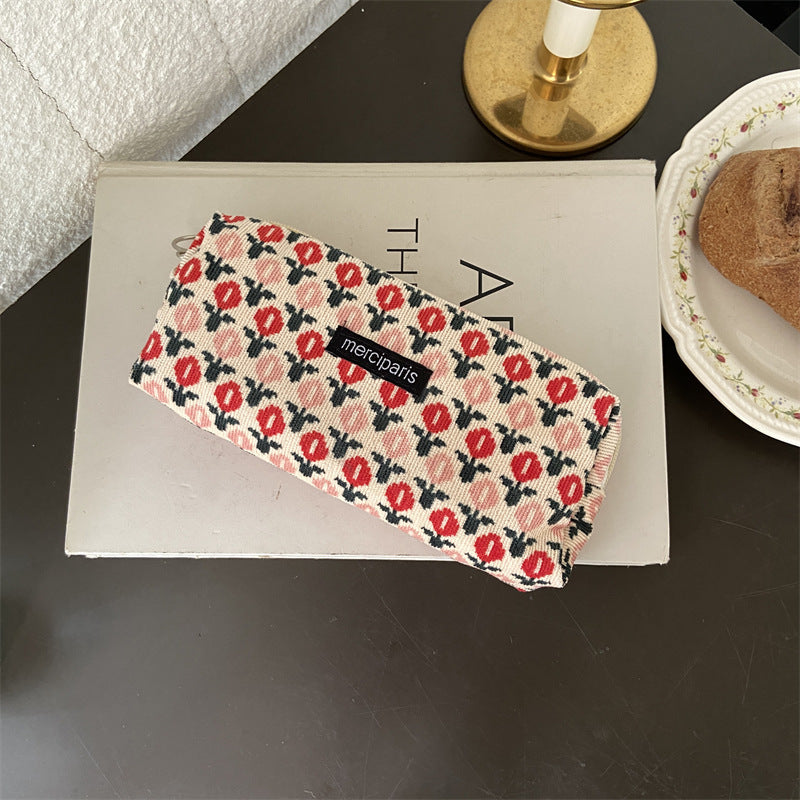 Corduroy Pencil Case Makeup Bag - Korean Style Retro Floral Canvas Pouch for Students