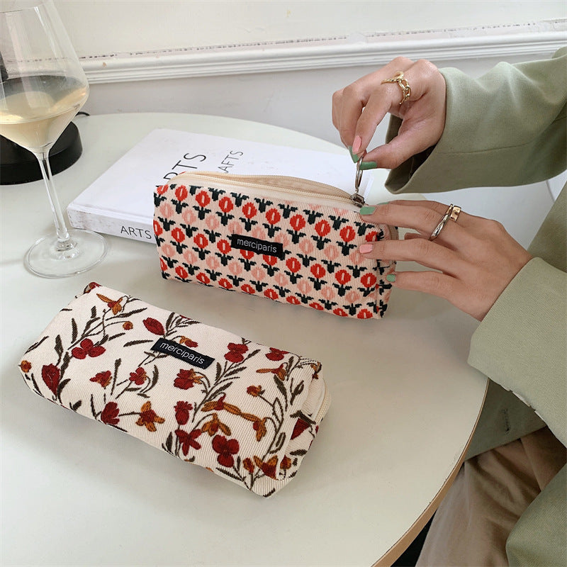 Corduroy Pencil Case Makeup Bag - Korean Style Retro Floral Canvas Pouch for Students