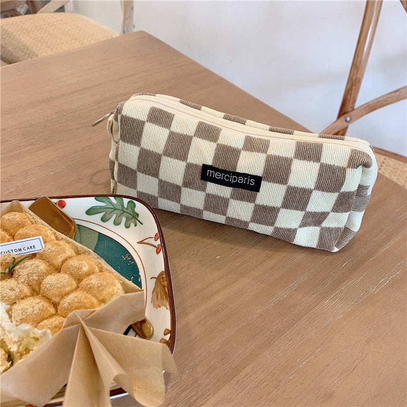 Corduroy Pencil Case Makeup Bag - Korean Style Retro Floral Canvas Pouch for Students