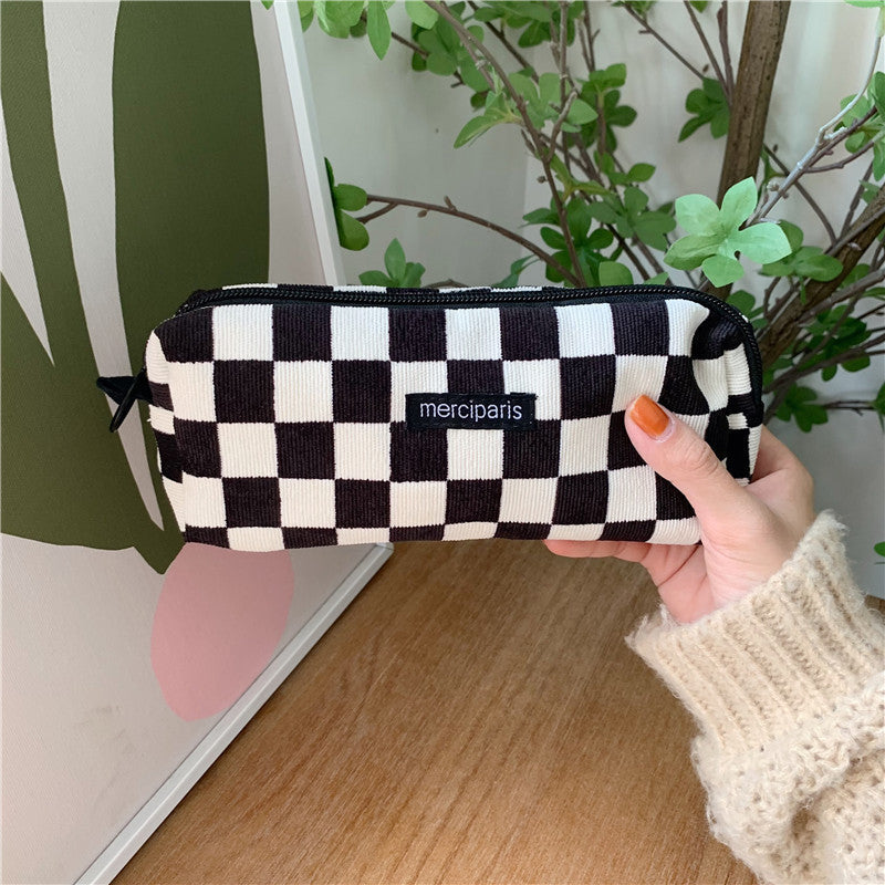 Corduroy Pencil Case Makeup Bag - Korean Style Retro Floral Canvas Pouch for Students