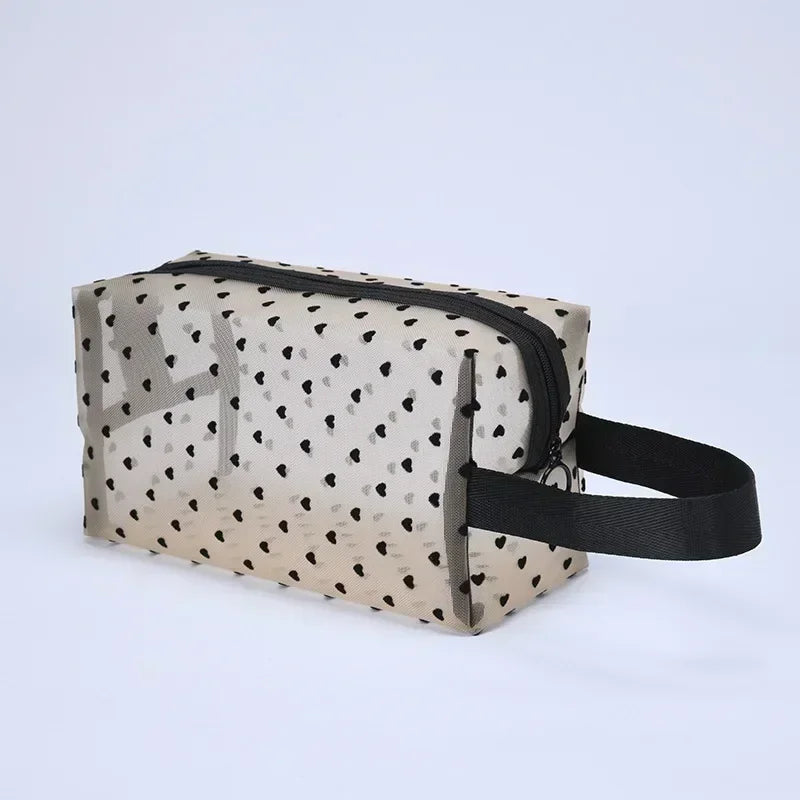 Heart-Shaped Mesh Cosmetic Bag - Zipper Toiletry Makeup Pouch for Women, Coin & Lipstick Organizer