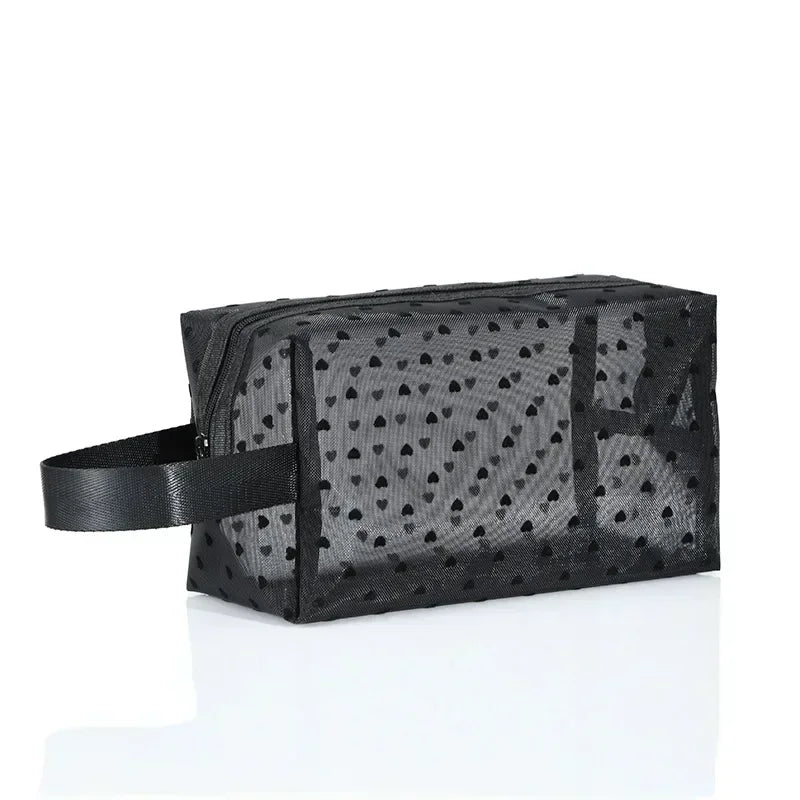 Heart-Shaped Mesh Cosmetic Bag - Zipper Toiletry Makeup Pouch for Women, Coin & Lipstick Organizer