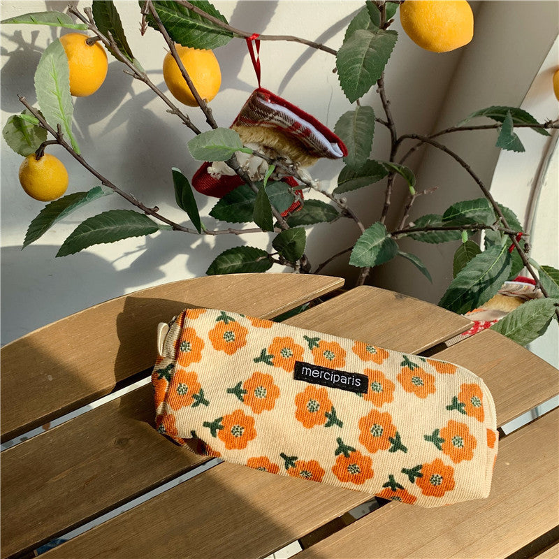 Corduroy Pencil Case Makeup Bag - Korean Style Retro Floral Canvas Pouch for Students