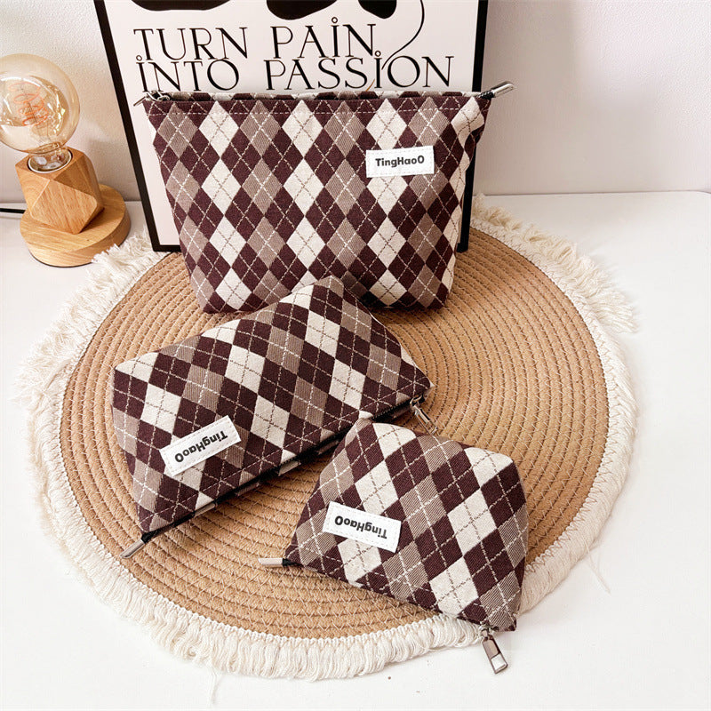 Women's Geometric Fabric Cosmetic Bag - Multi-Compartment Makeup Organizer with Zipper